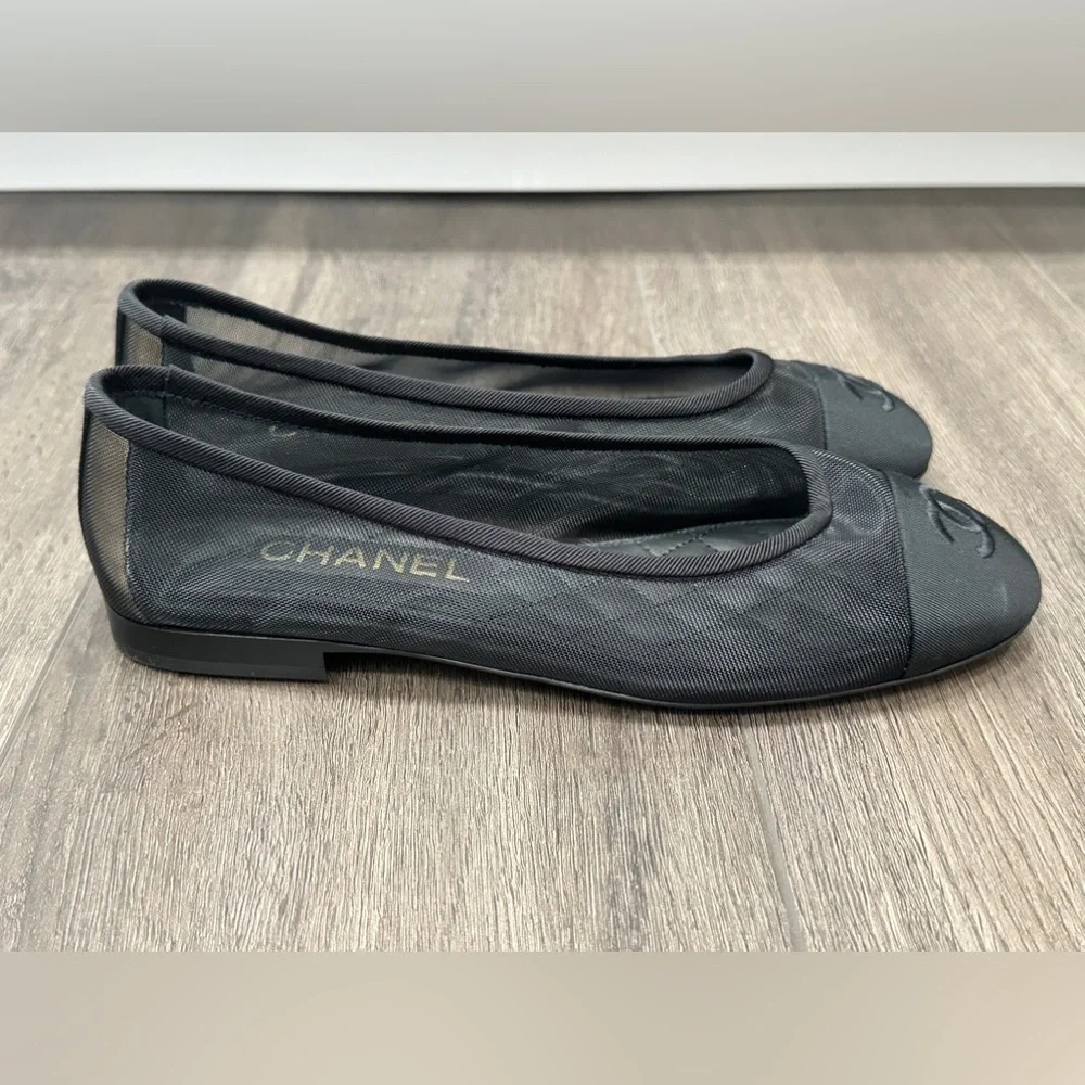 2025 CHANEL BLACK MESH BALLET FLATS BALLERINA SHOES 37 NEW - Picture 11 of 16